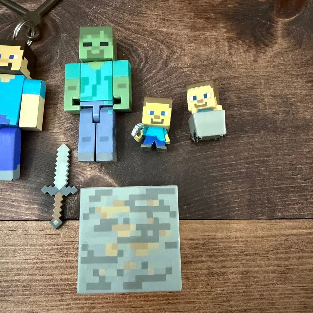 Minecraft Figure Lot Steve Zombie Squid Wolf Ore Block Keychains 8pc Set